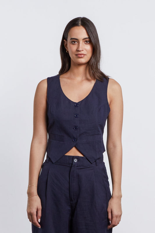 Harper Linen Vest - Navy