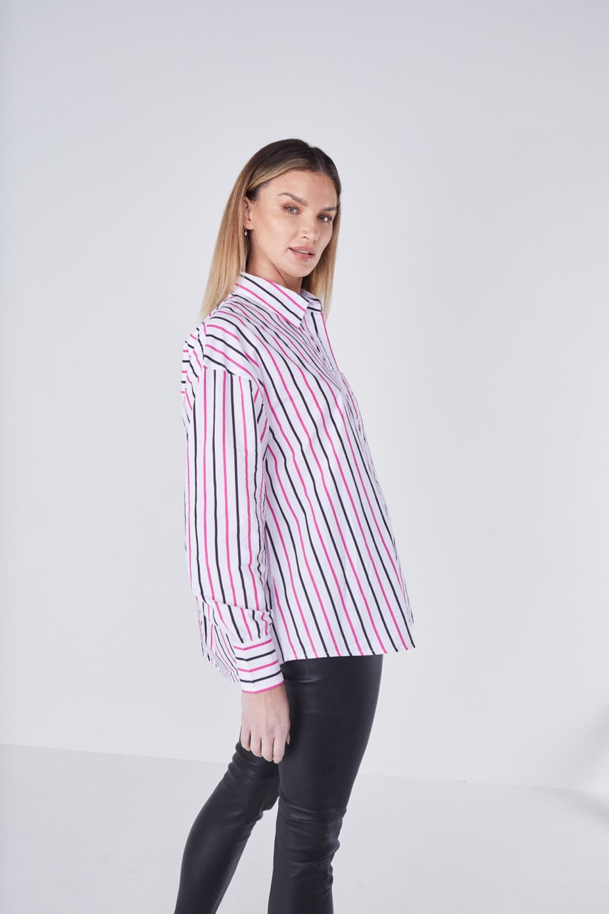 Joliet Oversized Boyfriend Shirt - Black/Dragon fruit Stripe
