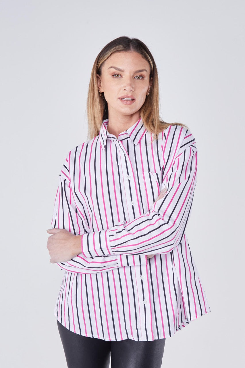 Joliet Oversized Boyfriend Shirt - Black/Dragon fruit Stripe