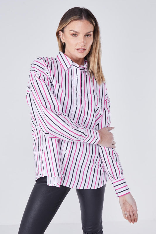 Joliet Oversized Boyfriend Shirt - Black/Dragon fruit Stripe