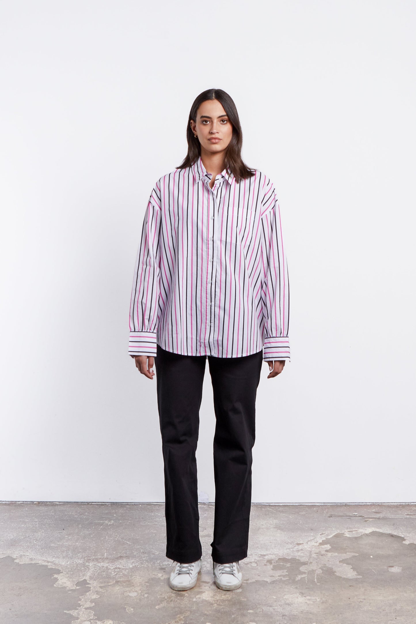 Joliet Oversized Boyfriend Shirt - Black/Dragon fruit Stripe