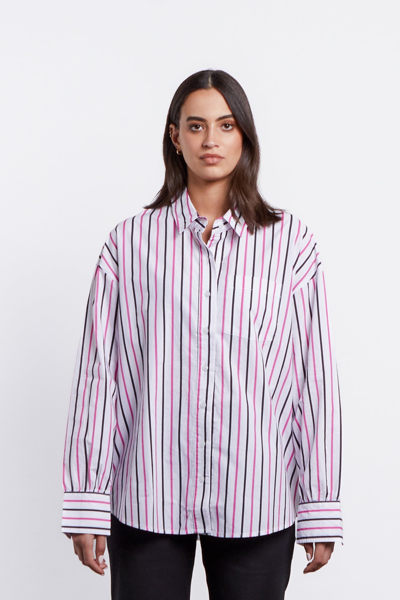 Joliet Oversized Boyfriend Shirt - Black/Dragon fruit Stripe