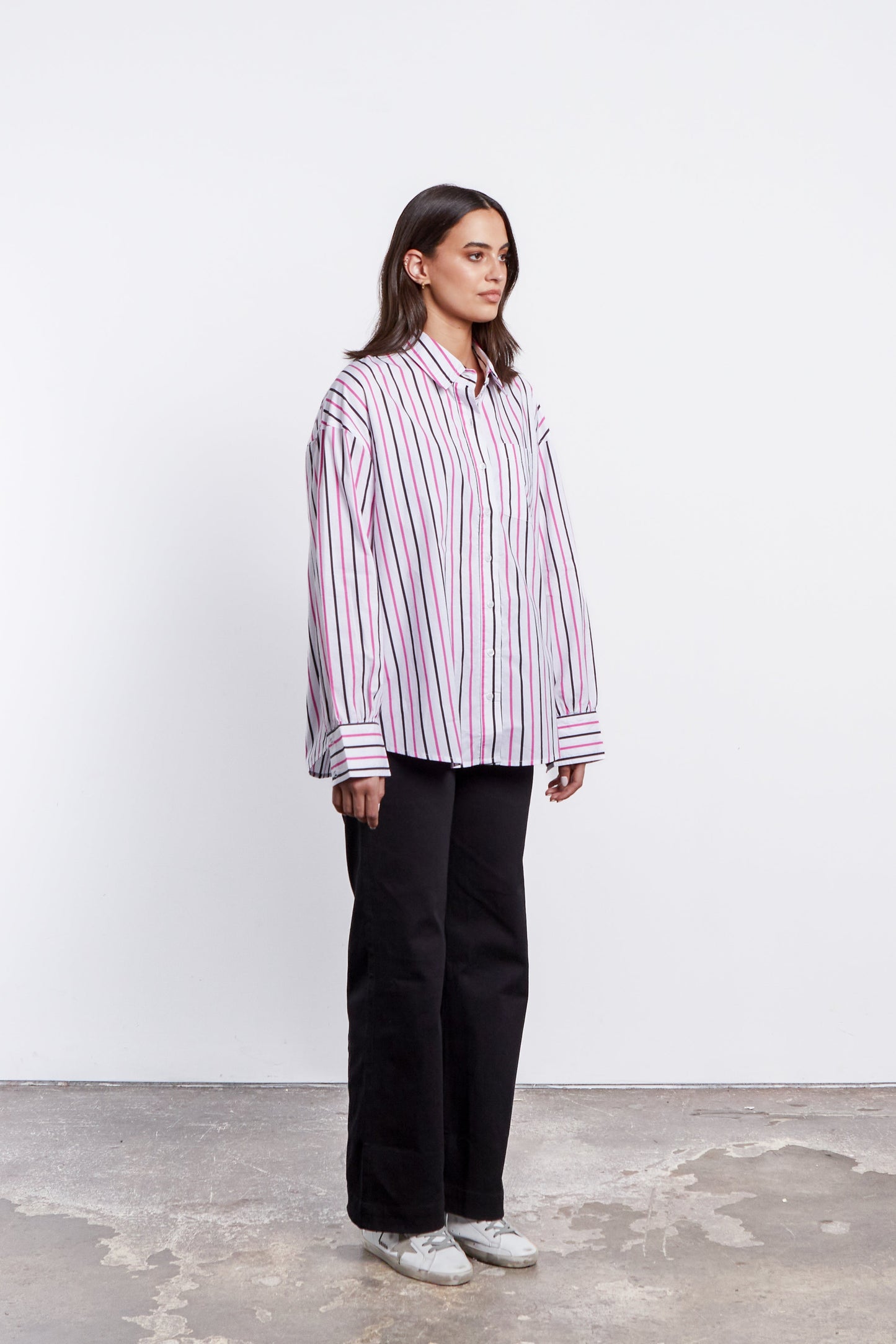Joliet Oversized Boyfriend Shirt - Black/Dragon fruit Stripe