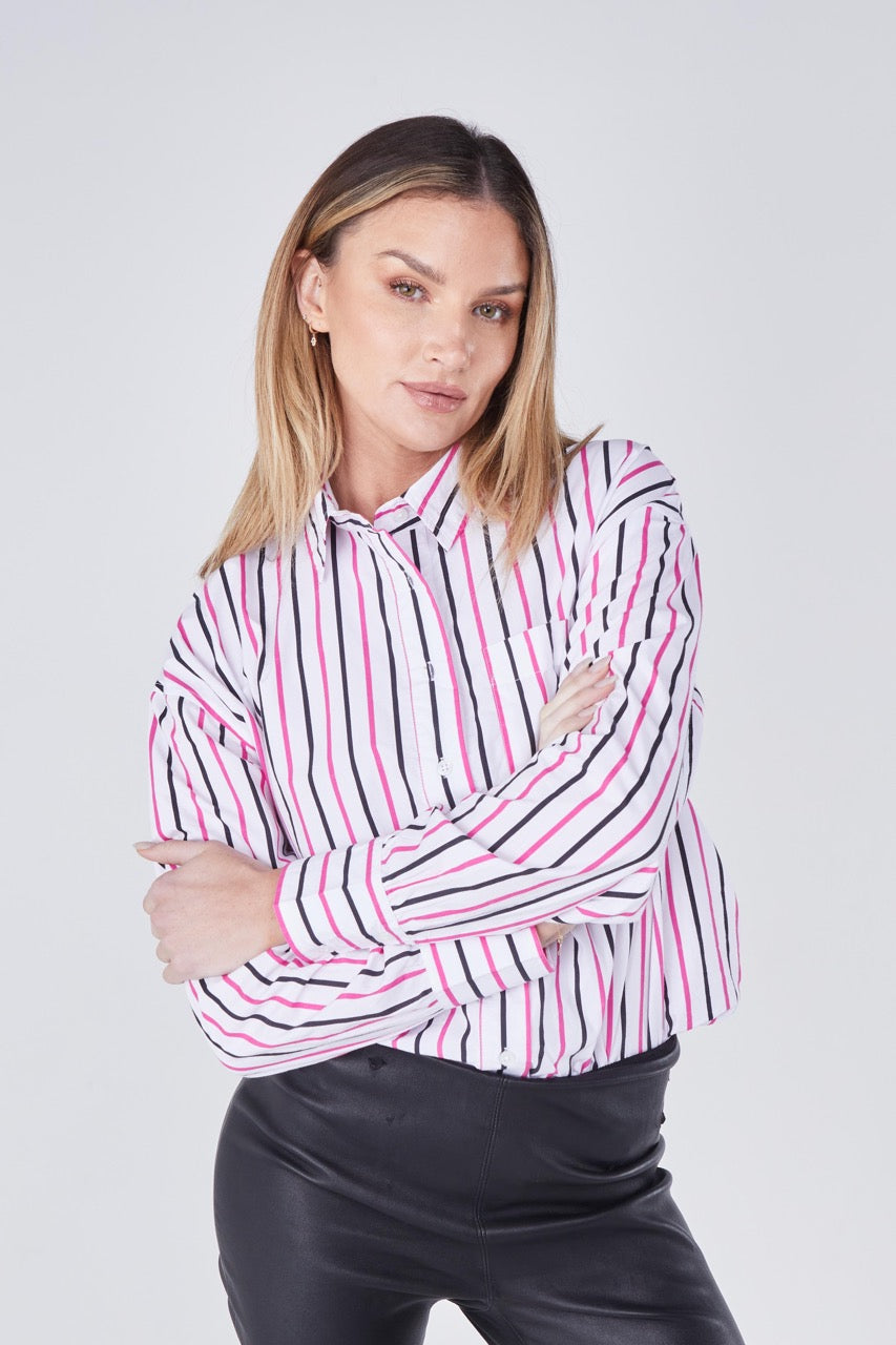 Joliet Oversized Boyfriend Shirt in Black & Dragonfruit Stripe