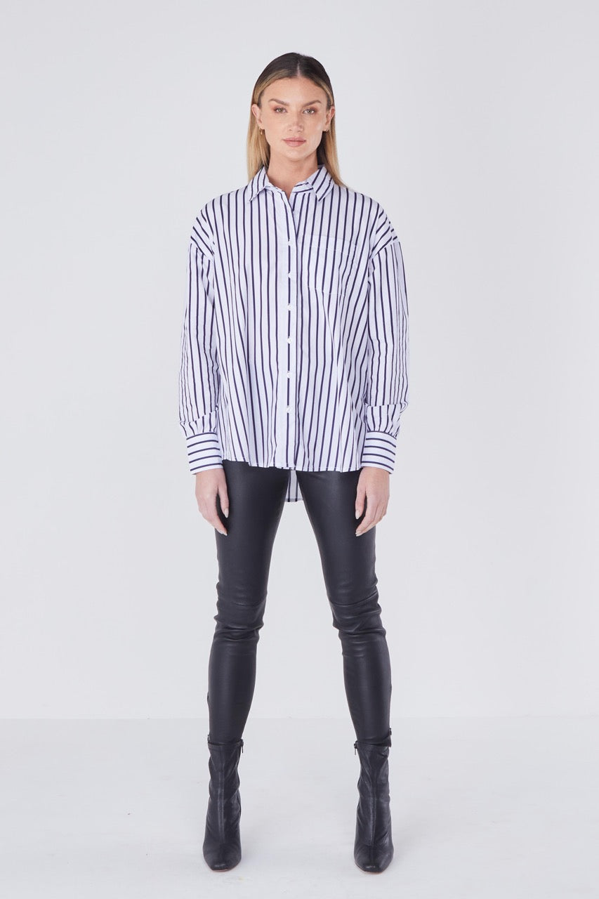 Joliet Oversized Boyfriend Shirt - Navy/White Stripe