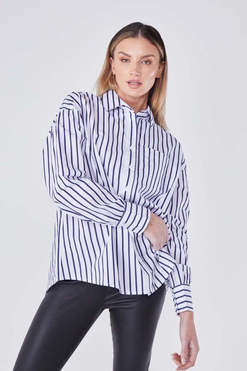 Joliet Oversized Boyfriend Shirt - Navy/White Stripe