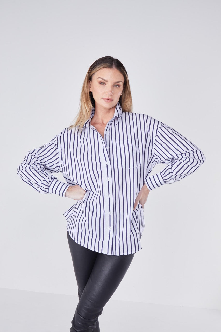 Joliet Oversized Boyfriend Shirt - Navy/White Stripe