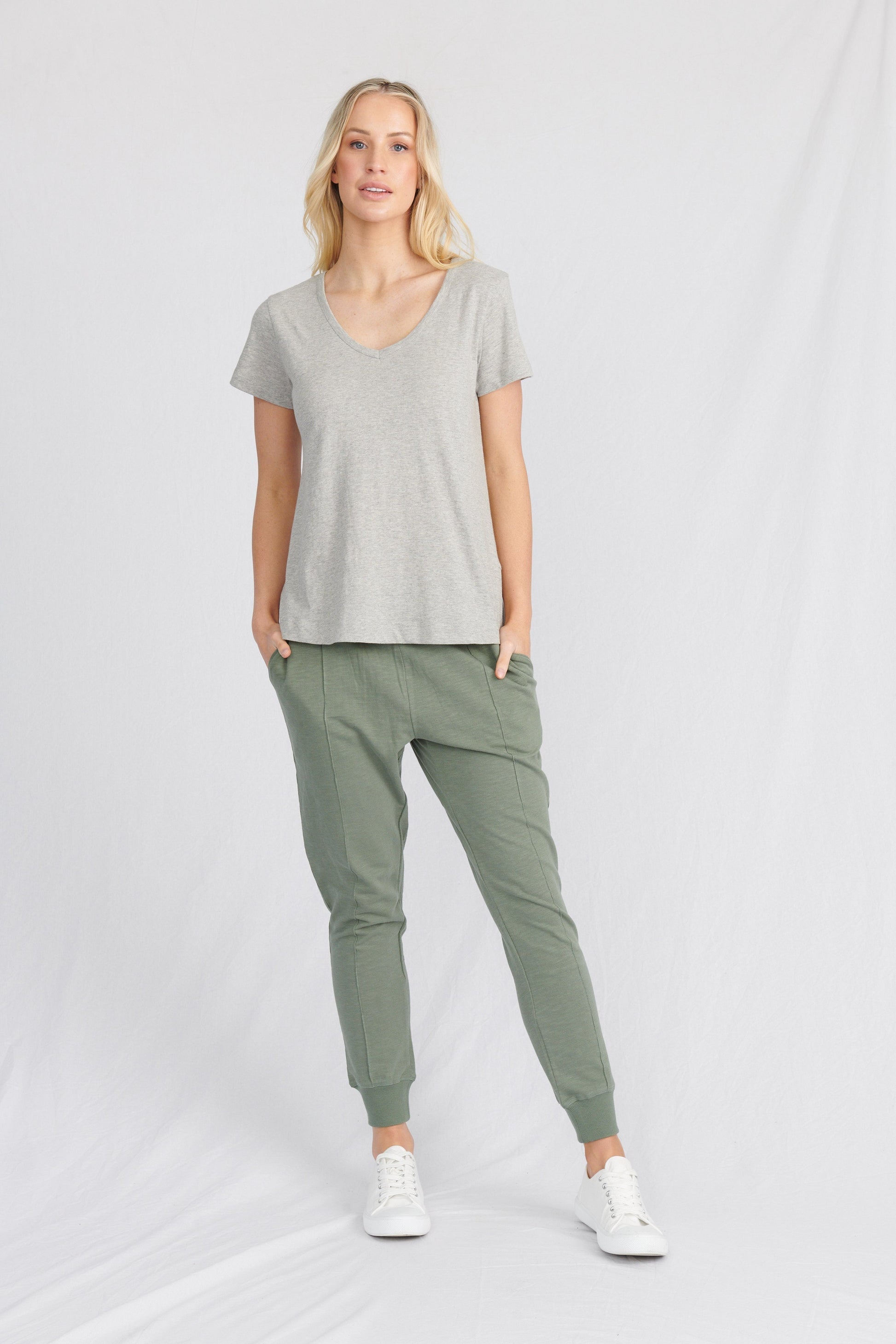 women wearing organic cotton tshirt and organic cotton jeans